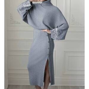 NEW ELANA WANG women's textured turtleneck sweater in silver